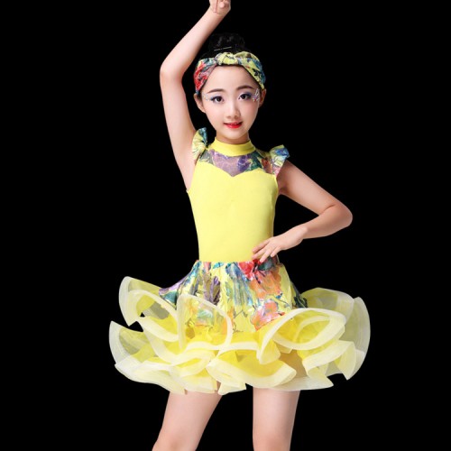 Fuchsia yellow printed Child Latin Dance Dresses Girls Dancewear Modern Dance Samba Dresses Kids Vestido Waltz Stage Dance Clothing